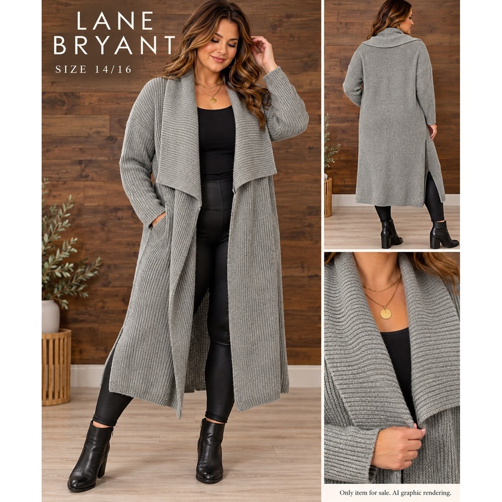 Lane Bryant 14/16 Longline Duster Cardigan Grey Ribbed Knit Shawl Collar Sweater